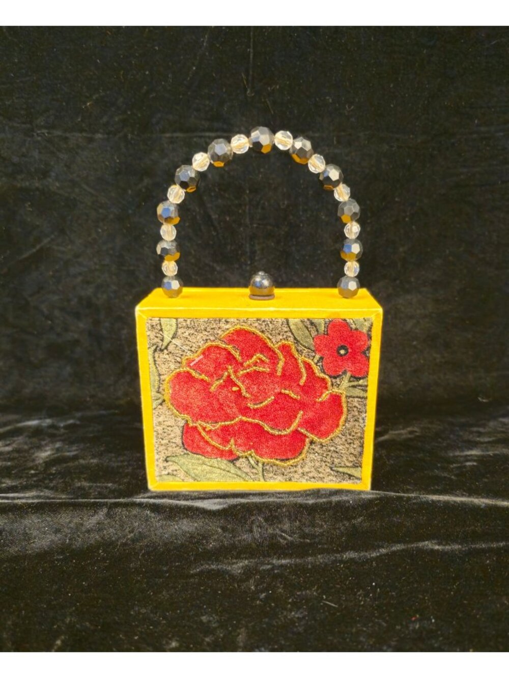 Handmade Yellow Wooden Purse With Red Floral Design & Beaded Handle - Small Size